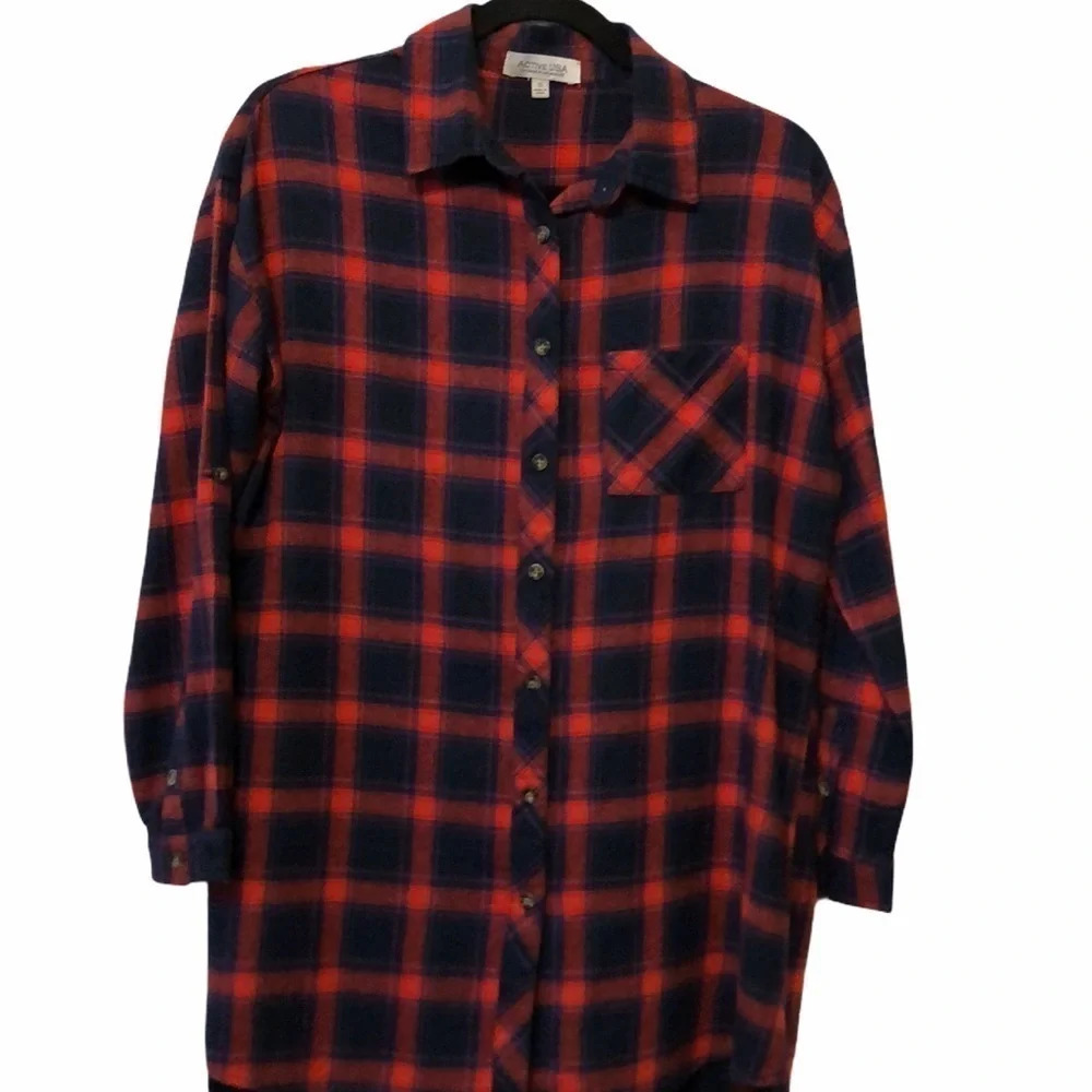 Plaid Tunic Button Up Flannel Top Red & Navy Sz. S